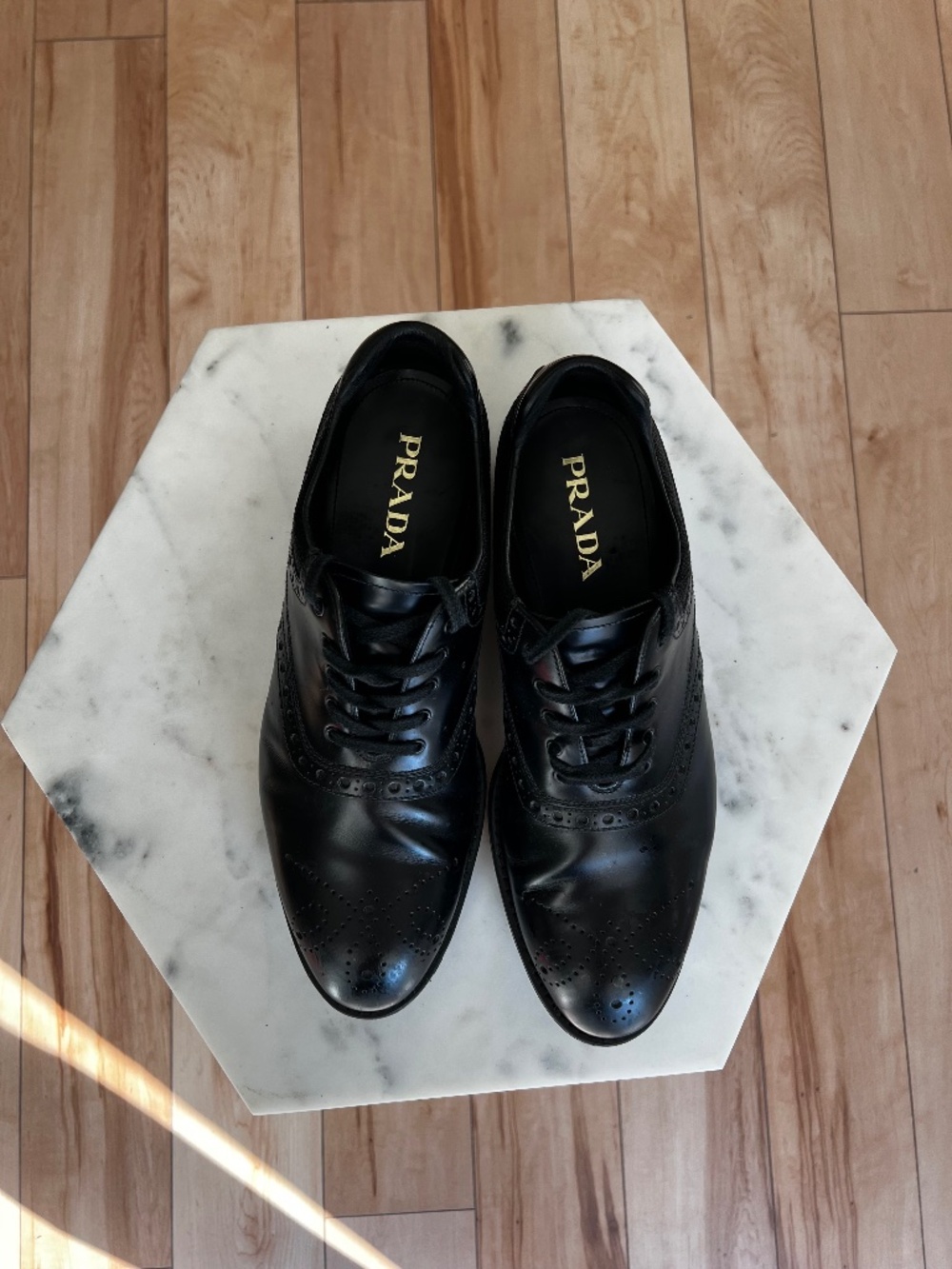 PRADA men's Black Leather Full Brogue Leather golf shoe